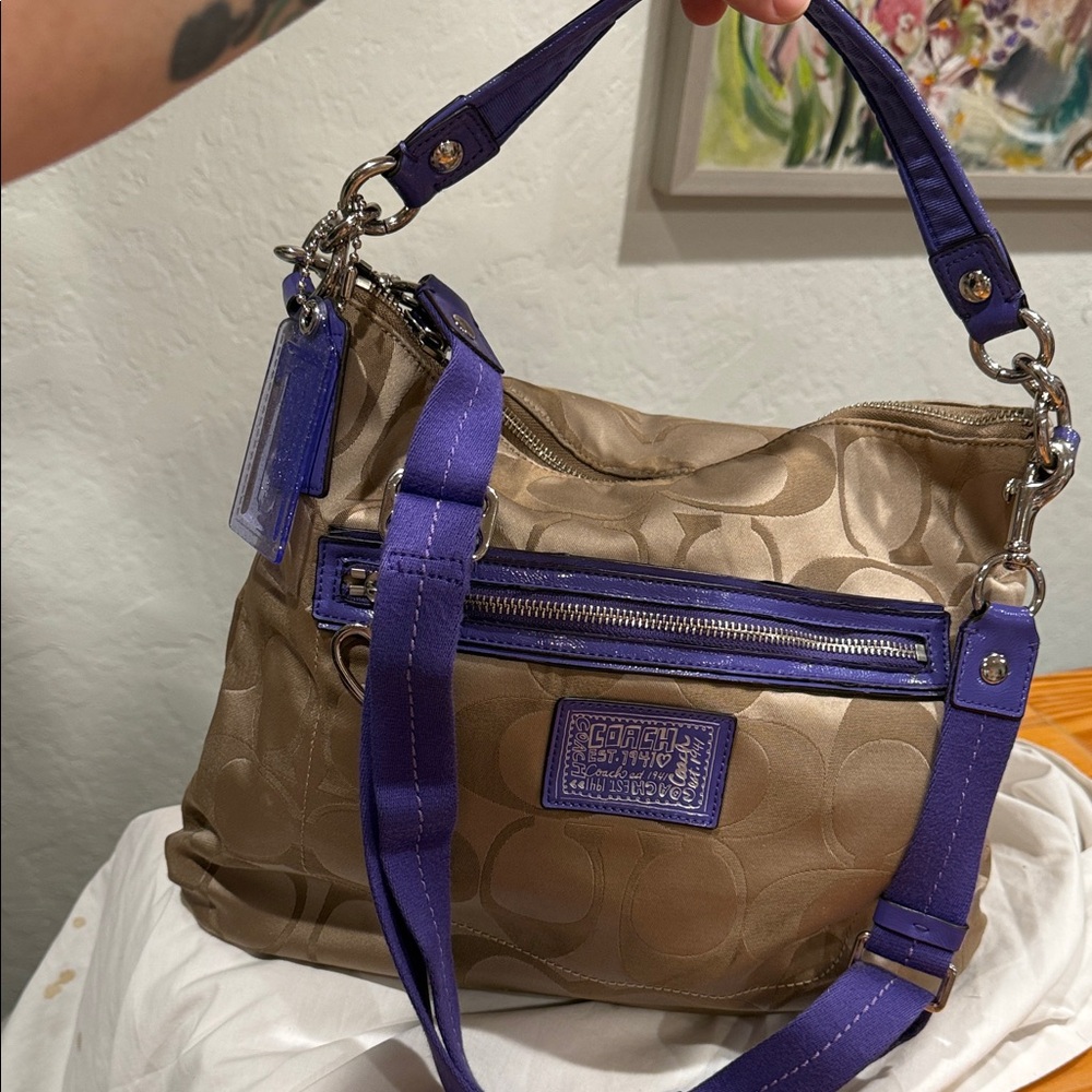 Coach Poppy Hobo Bag in Tan Monogram and Purple Patent Leather Y2K Very Clean